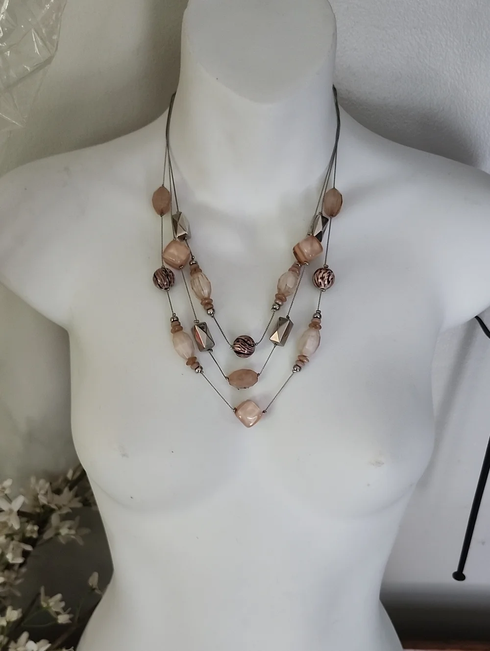 Multi-Strand Beige Stone & Silver Bead Necklace - NY Collection